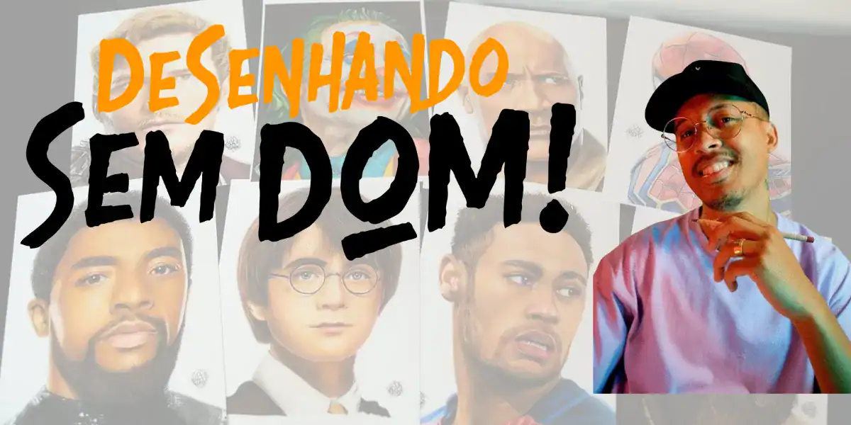 Imagem do curso Desenhando Sem Dom, de Art Rodrigues, com ilustrações realistas feitas com lápis de cor e imagem do professor apresentando o método para aprender a desenhar do zero.